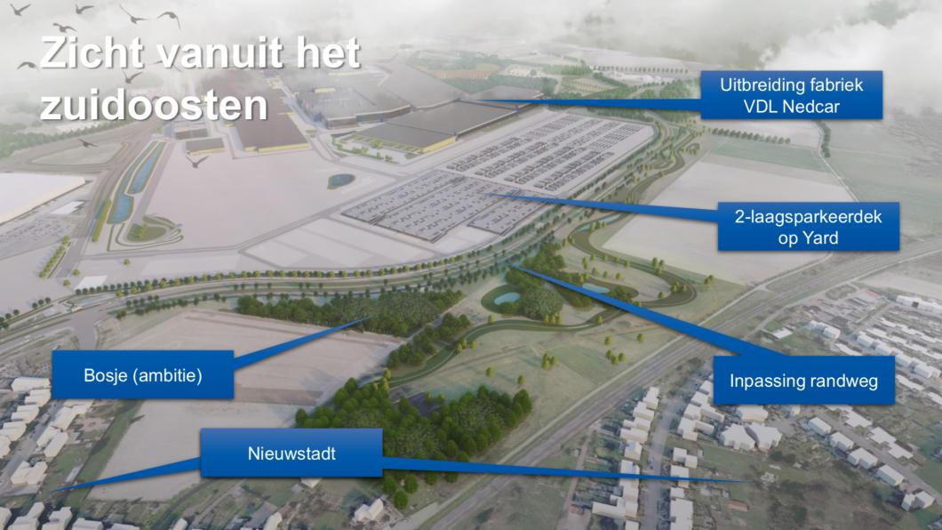 getekende luchtfoto van nedcar naast nieuwstadt